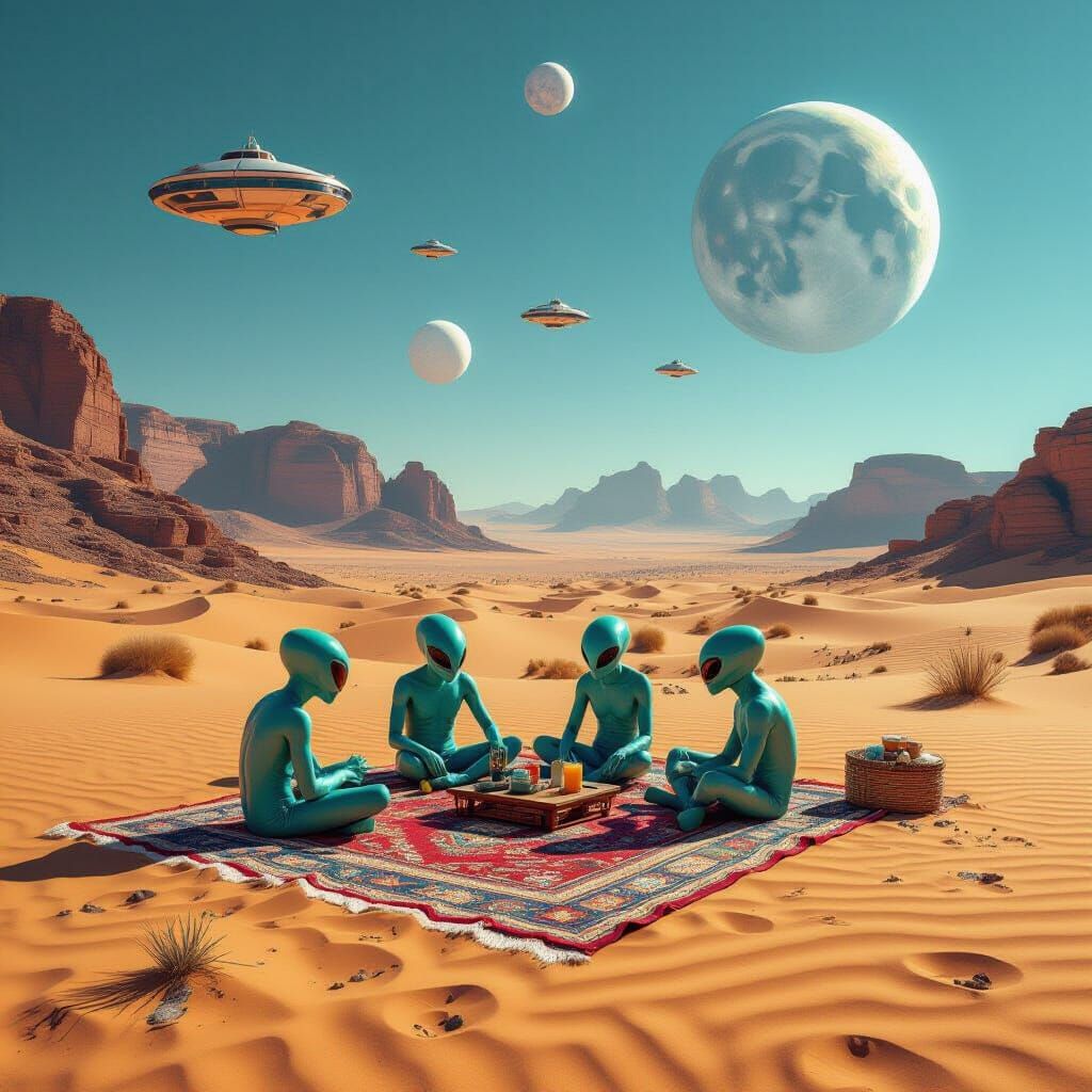 Alien Marketplace on Desert Planet with Flying Shuttles