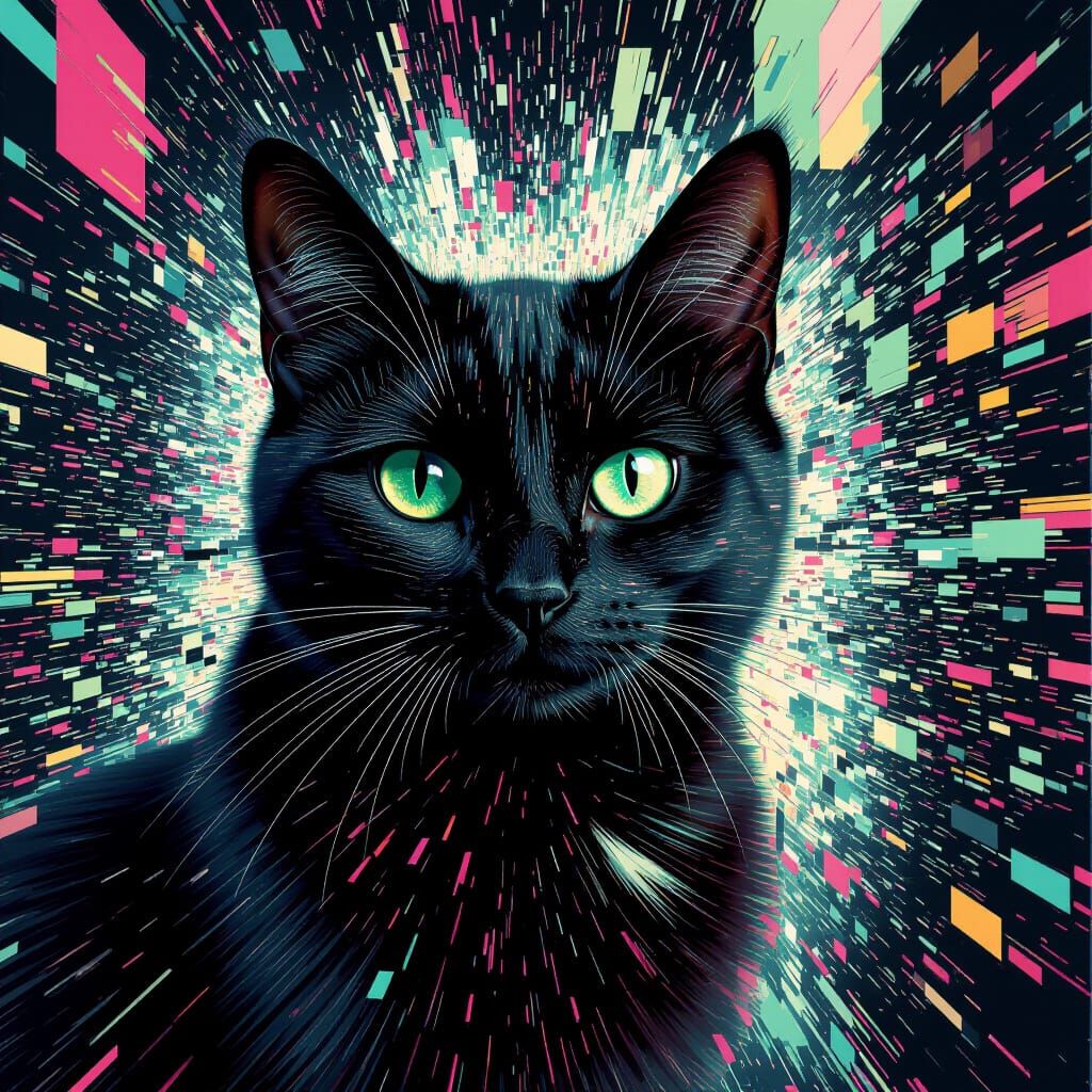 Glitch Art Black Cat with Digital Fur