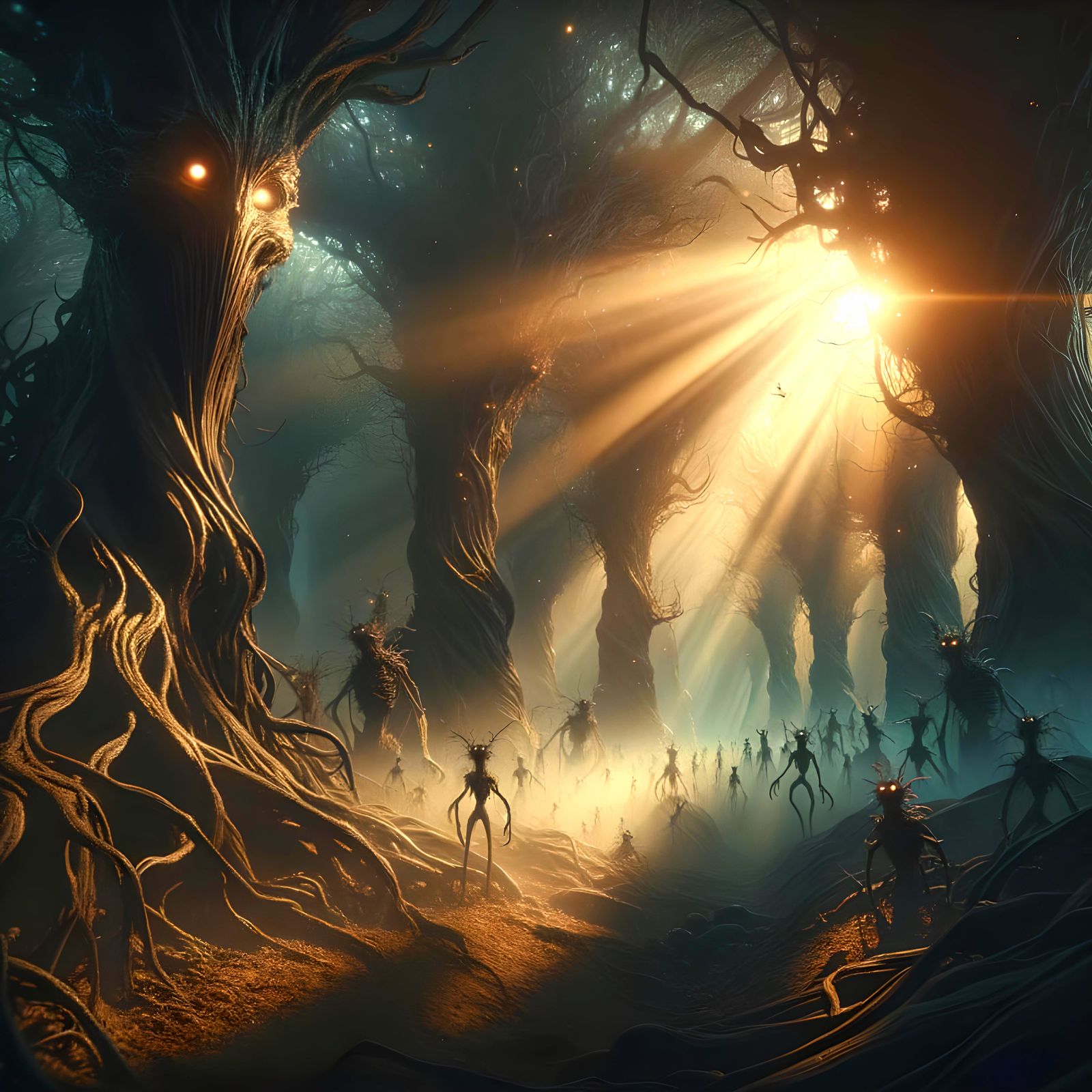Surreal Dark Fantasy Forest Scene in Film Noir