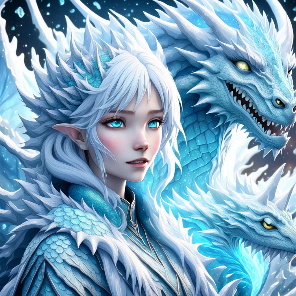 Icy Anime Girl Embracing Dragon: 3D Digital Art