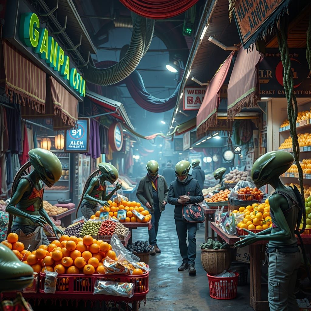 Vibrant Alien Marketplace on a Distant Planet