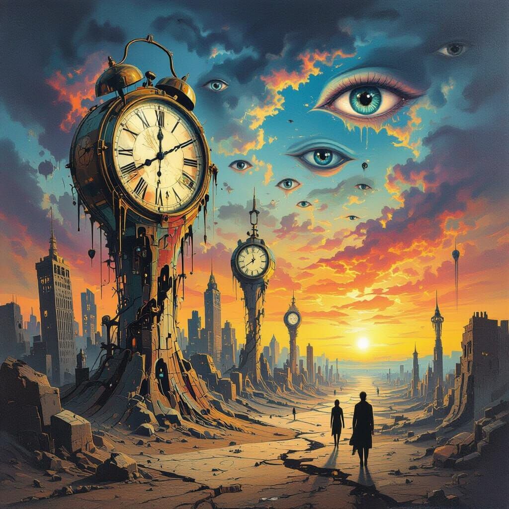 Dystopian World With Melting Clocks In Dalí Style