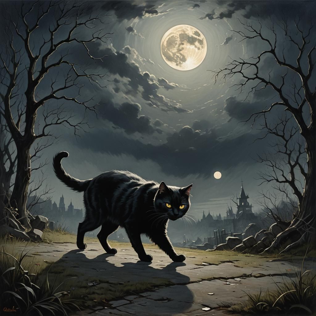 Black Cat Crossing Before a Mystical Full Moon