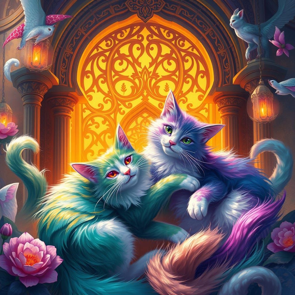 Whimsical Feline Friends in Vibrant, Dreamlike Scene
