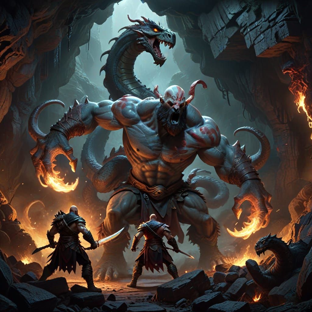 Kratos Battles Two-Headed Hydra in Dark Cave Art