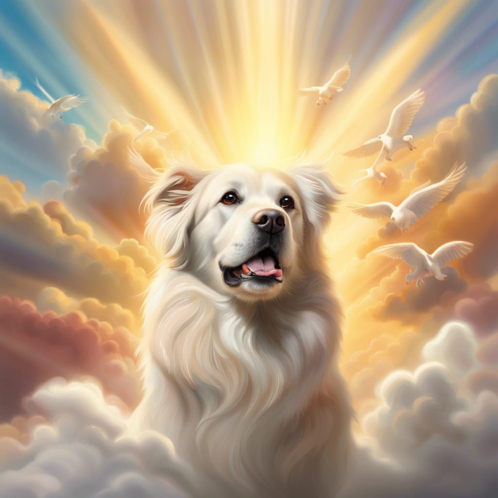 Hyperrealistic Dogs Ascending to Heaven in Sunshine
