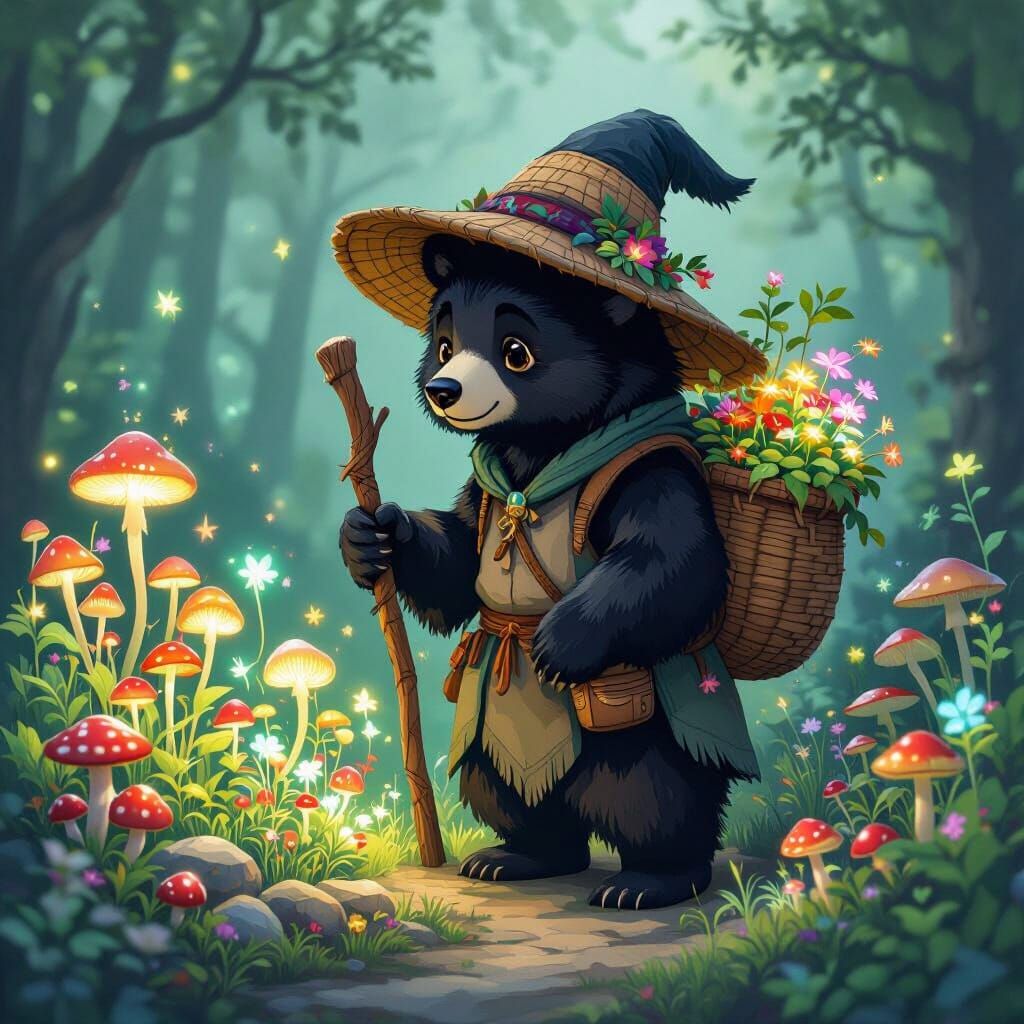 Whimsical Black Bear Herbalist in Magical Garden