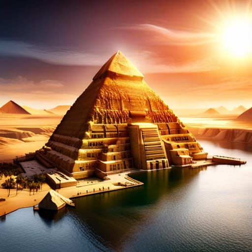 Sphinx and Giant Pyramid covered in marble, Nile river flowi...