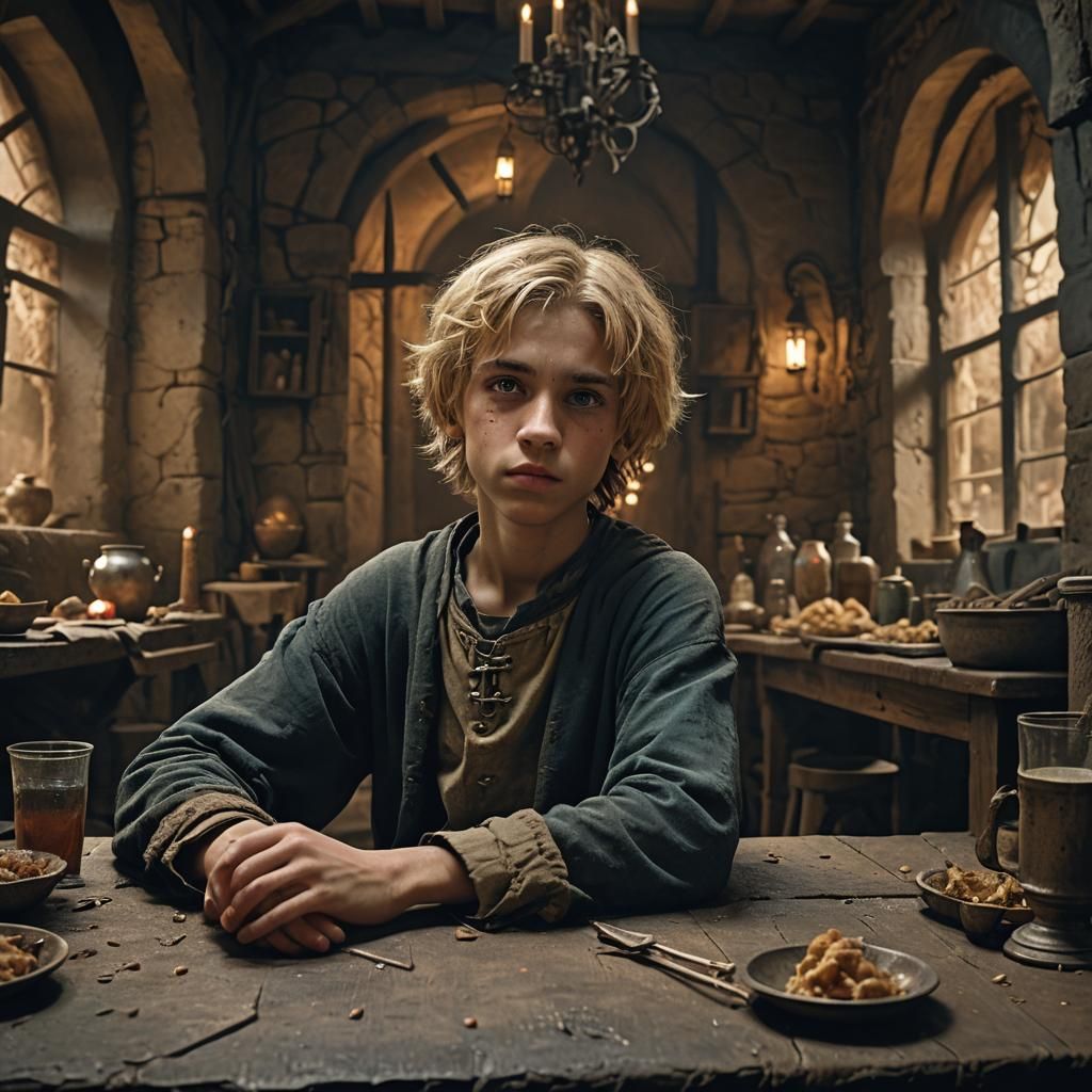 Fantasy Boy in Dark Medieval Farmhouse