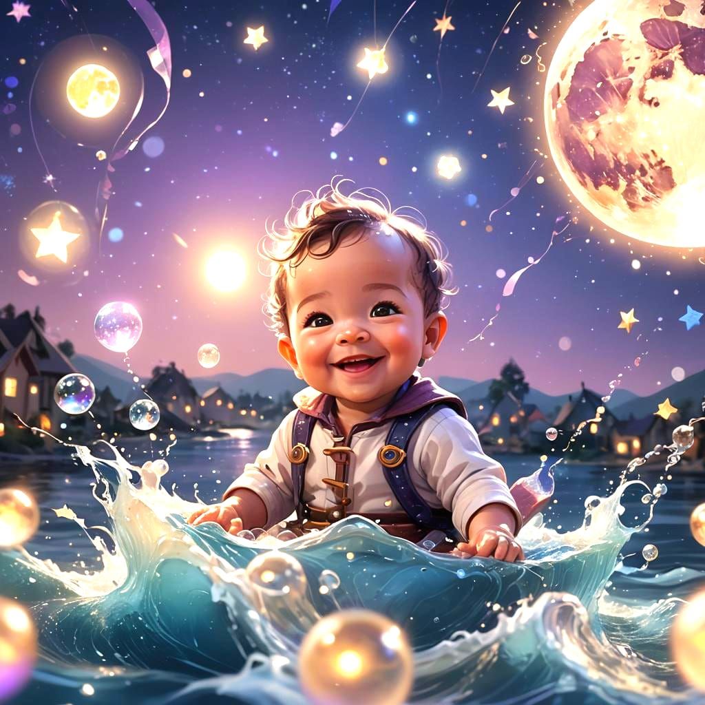 Cute Baby Smiles in Dreamy Sky with Gold Light