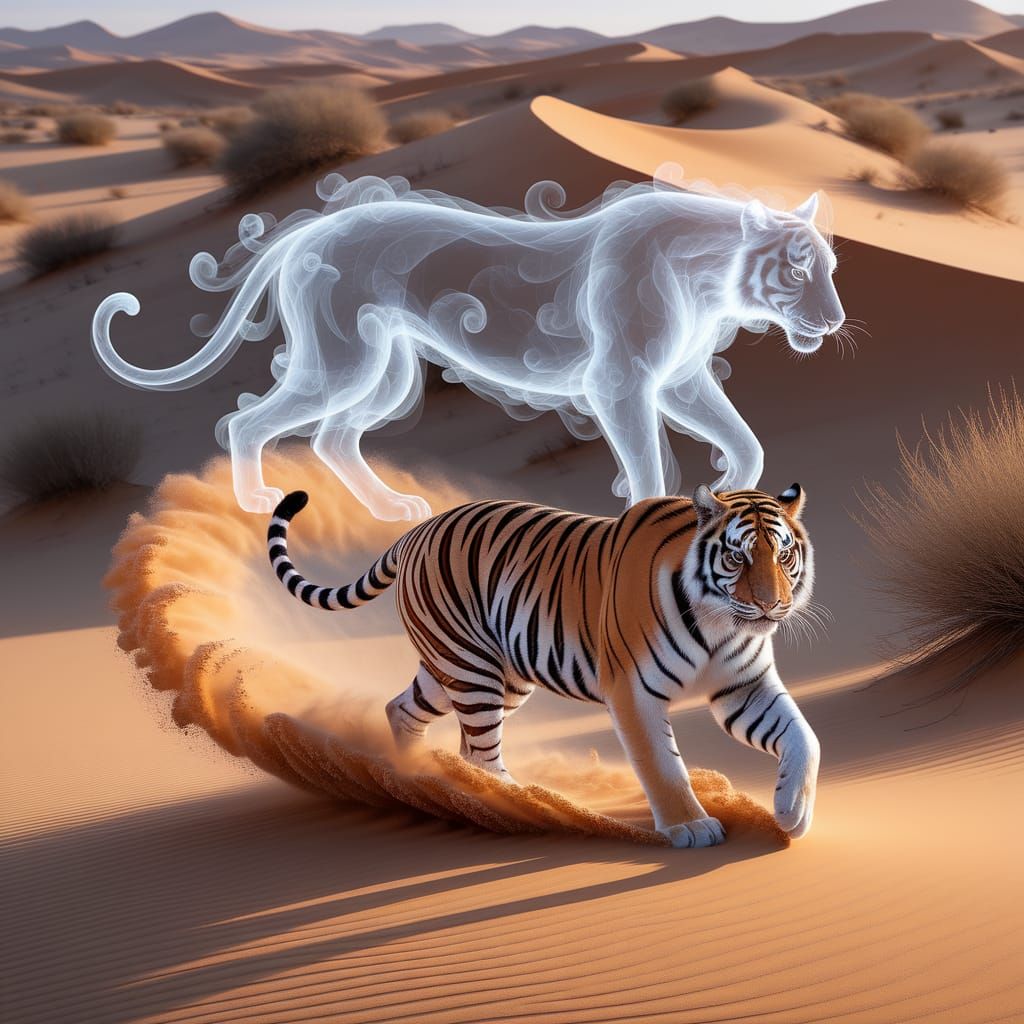 Tiger and Spirit Form in Desert Watercolor