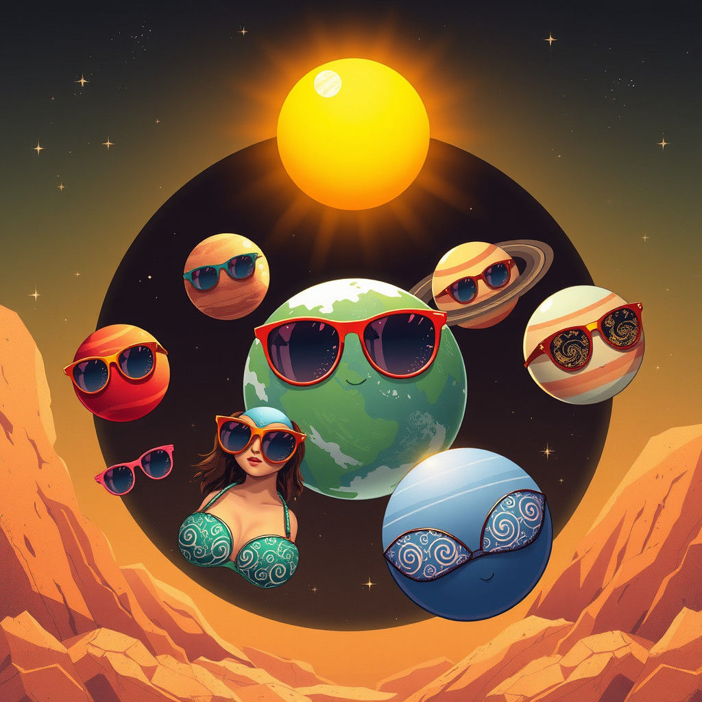 Planets Orbiting Sun Wearing Sunglasses and Bras