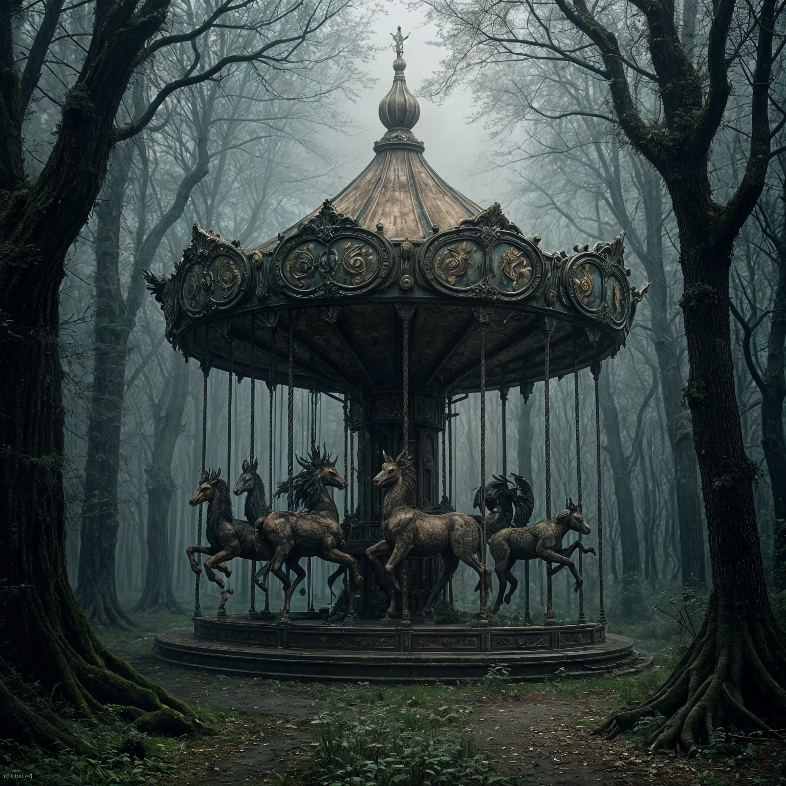 Mysterious Abandoned Carousel in Misty Forest