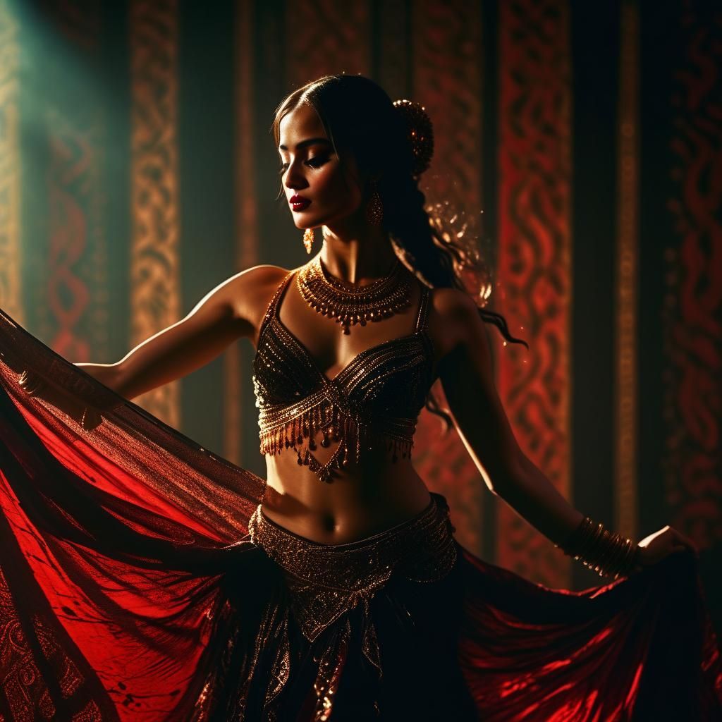 Belly Dancer in Seductive Shadows: Cinematic Film Still