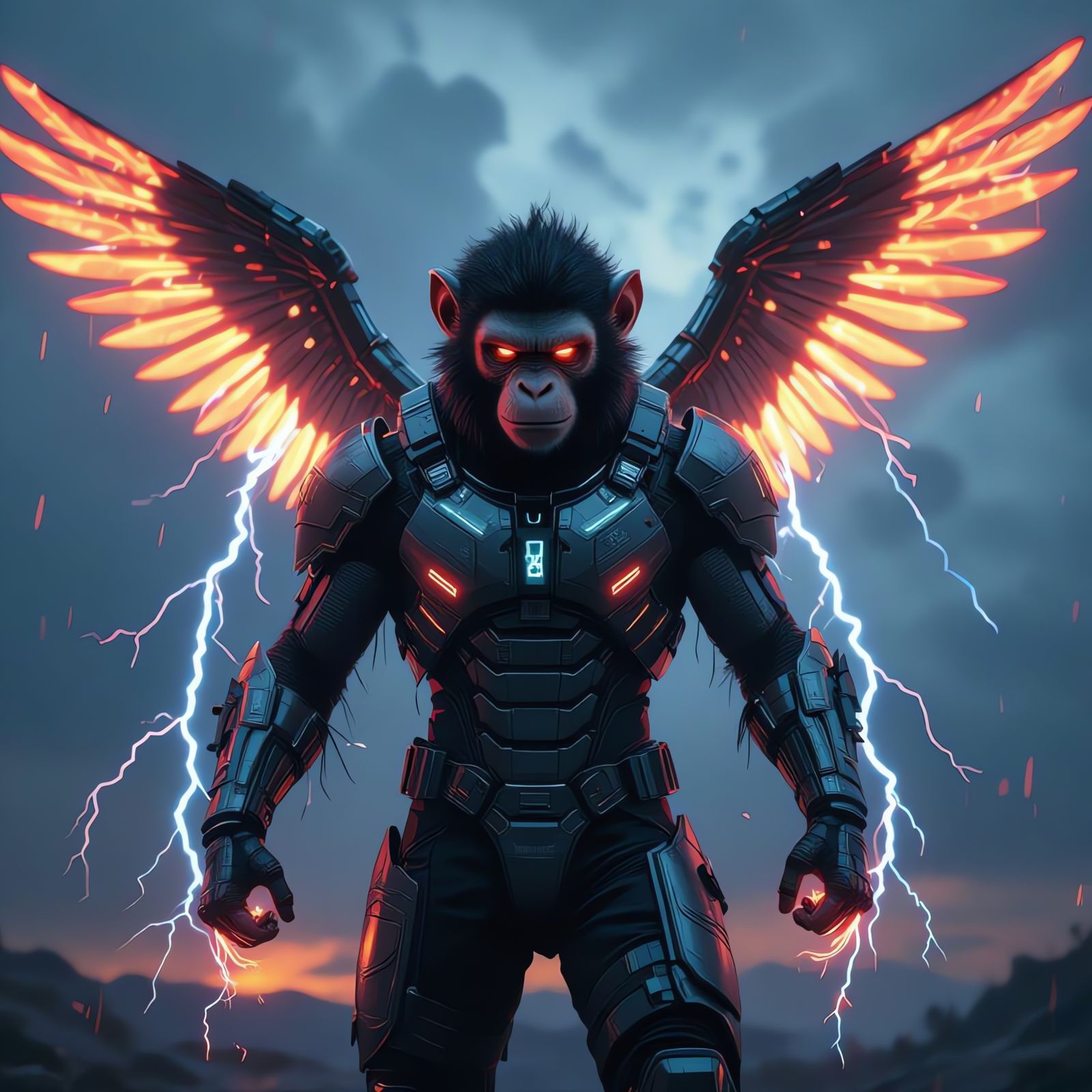 Cyber-Monkey with Plasma Wings in Electric Storm