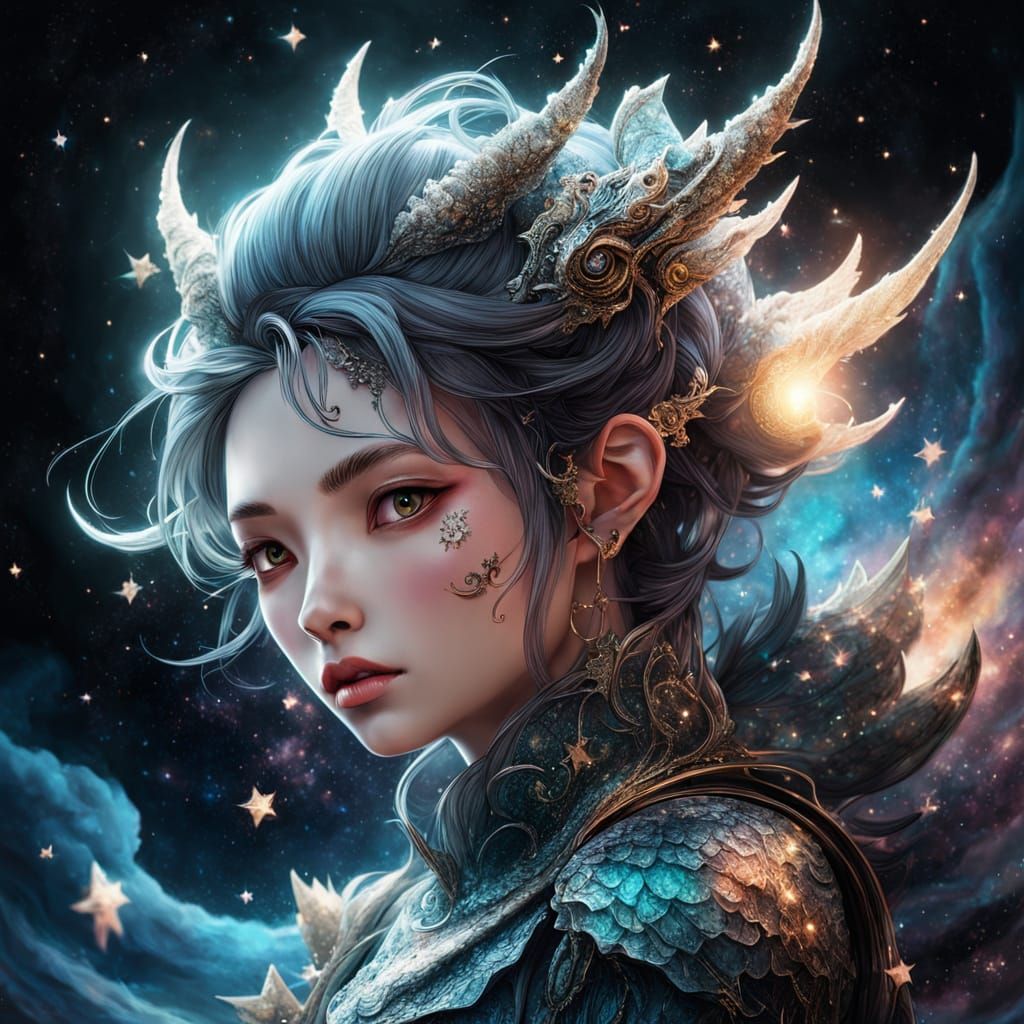 Surreal Anime-Style Hybrid Dragon Maiden in Nebula