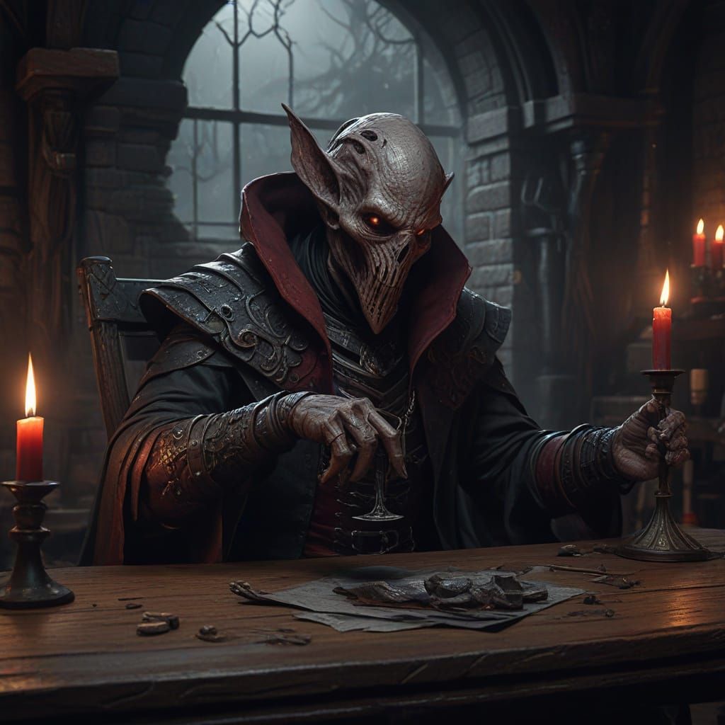 Mind Flayer Enjoying Wine in Dark Fantasy Tavern