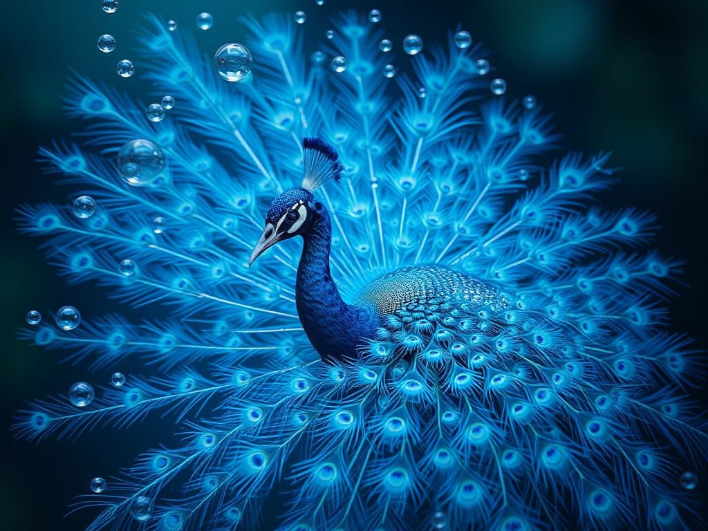 Surreal Blue Peacock Image with Bubbles and Static
