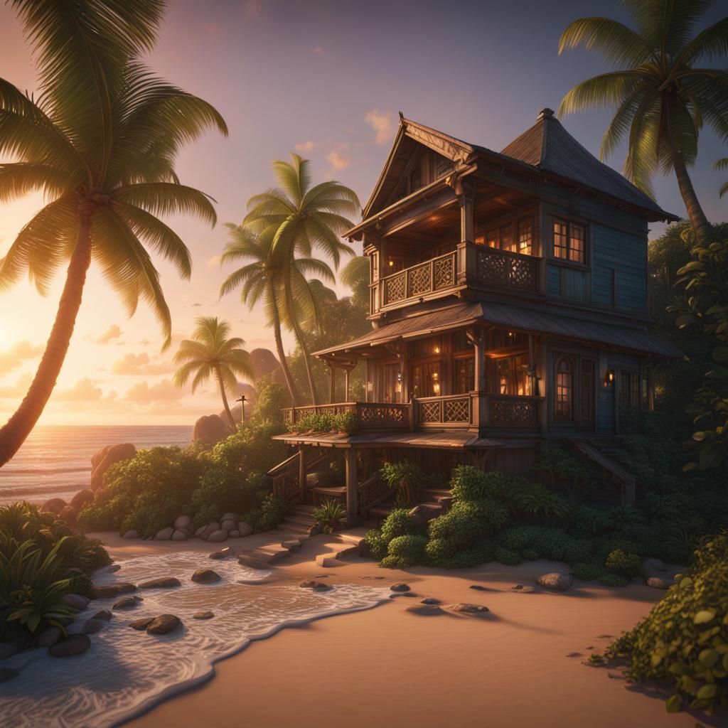 Tropical Island Beach House at Sunrise: Detailed Matte Paint...