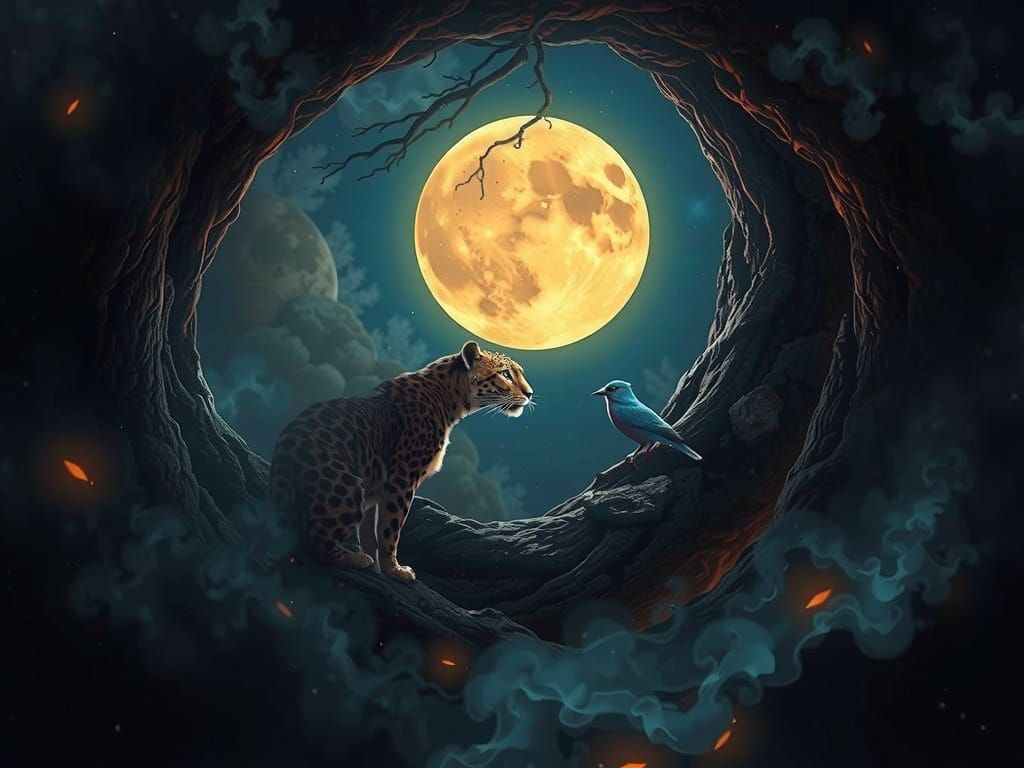 Cosmic Leopard in Oak Tree Silhouette