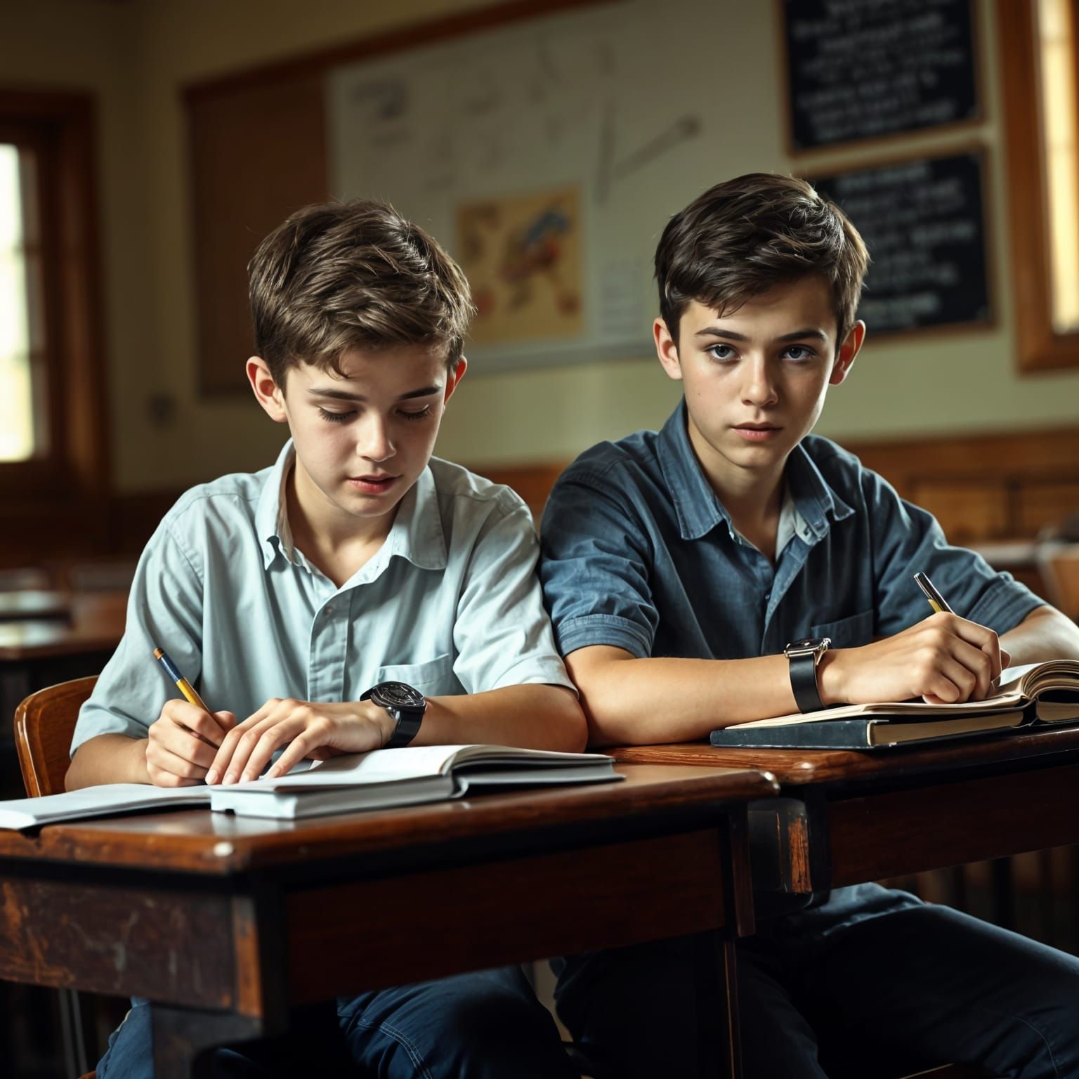 Two Teenage Boys Write in Class, Each Wearing a Watch on His...