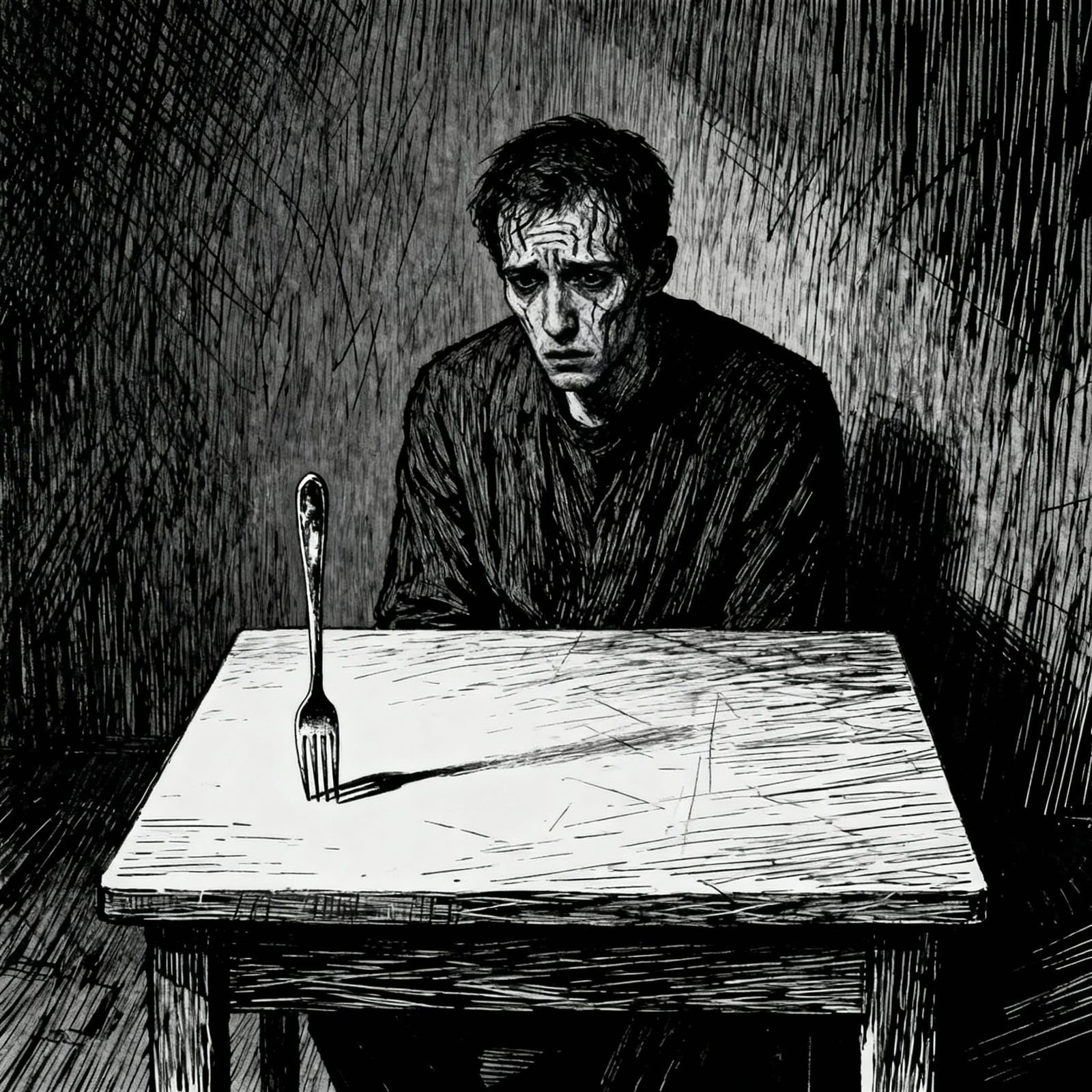 Man's Isolation and Dread in Scratch Art Style