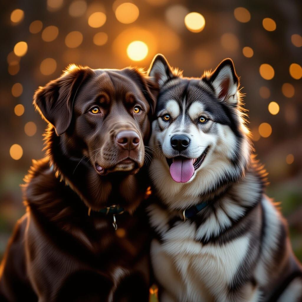 Labrador & Chow Chow Double Exposure with Golden Glow