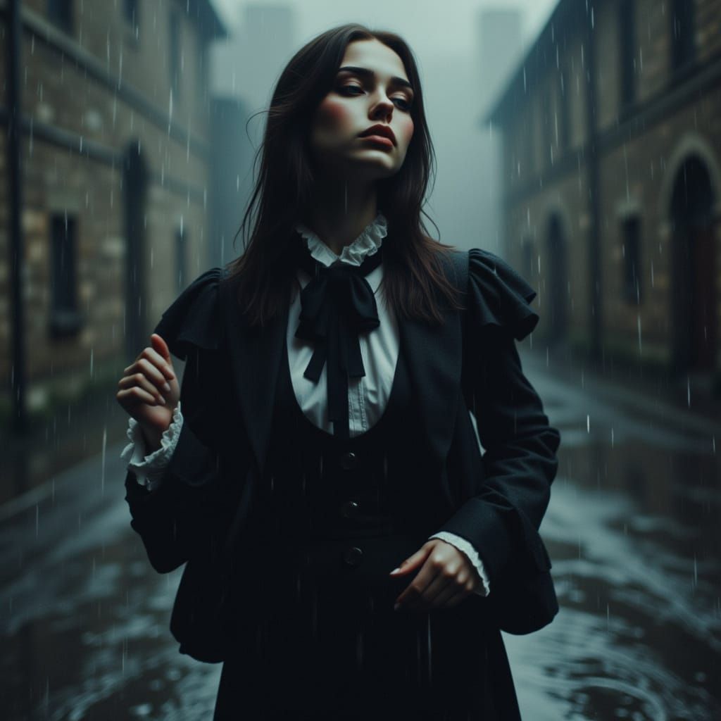 Victorian Lady Dancing in Heavy Rain Near Castle