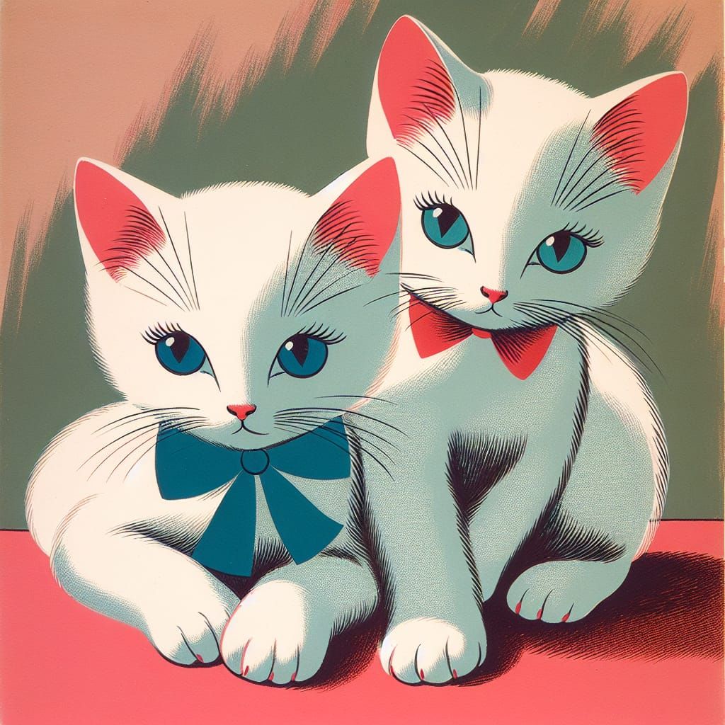 Affectionate Kittens in Mid-Century Modern Style