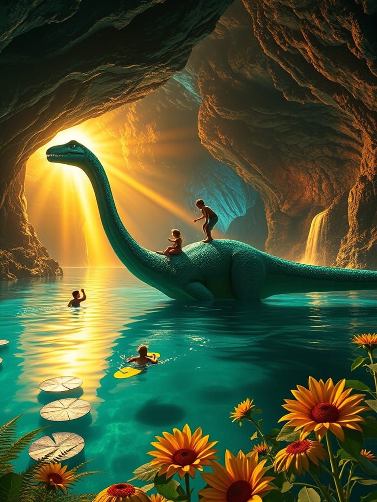 Celestial Oasis in a Glowing Space-Sun Cavern