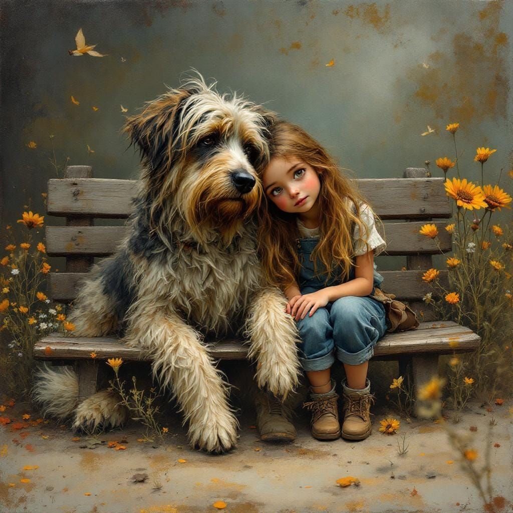 Whimsical Dog and Girl in Painterly Fantasy Style