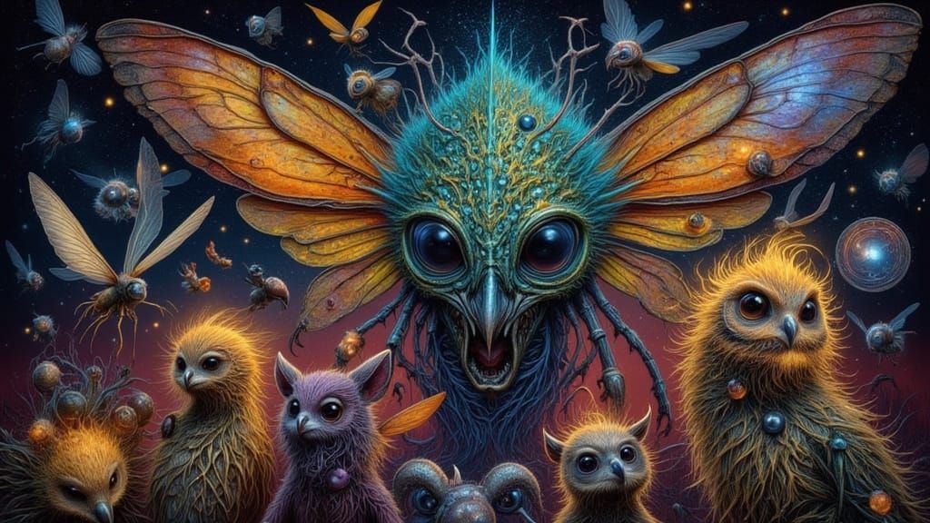 Human-Faced Creatures in a Rainbow Cosmic Horror Style