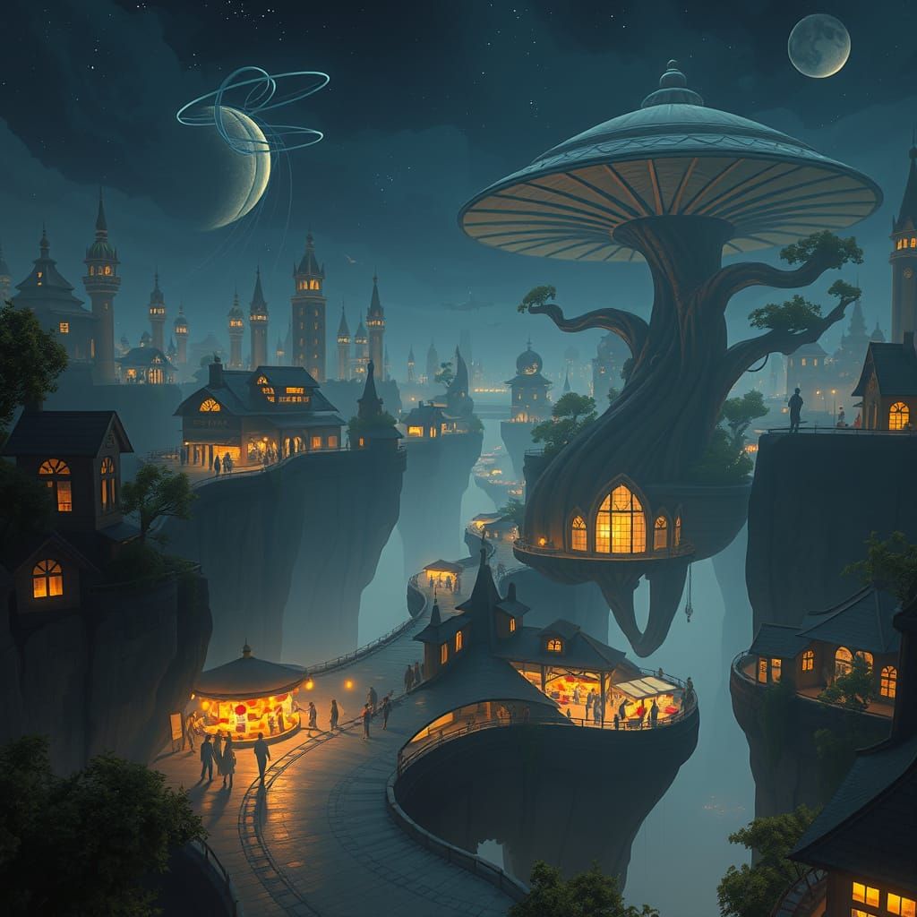 Ethereal Floating Cityscape at Night with Winding Road and G...