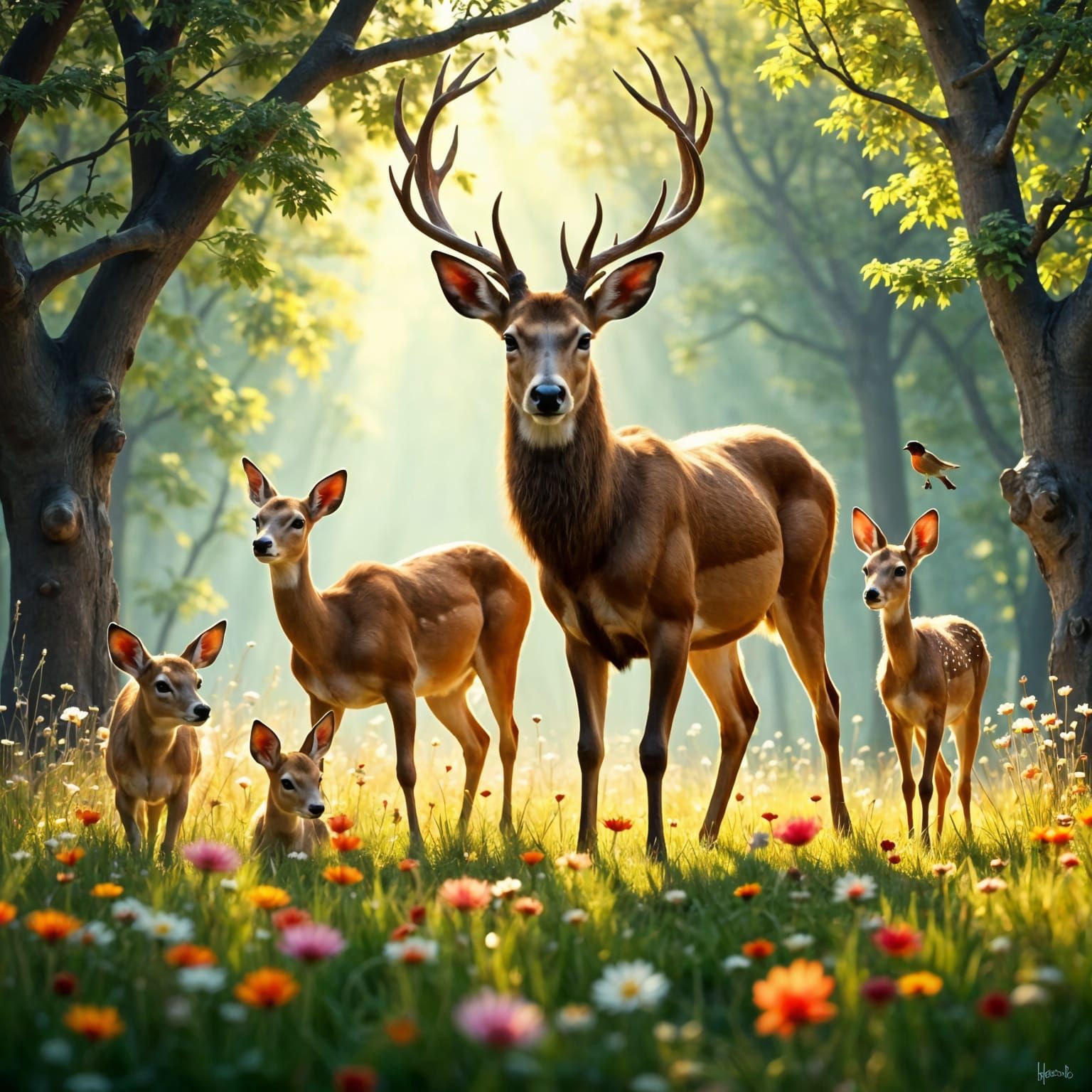 Ethereal Forest Scene with Hyperrealistic Grazing Deer