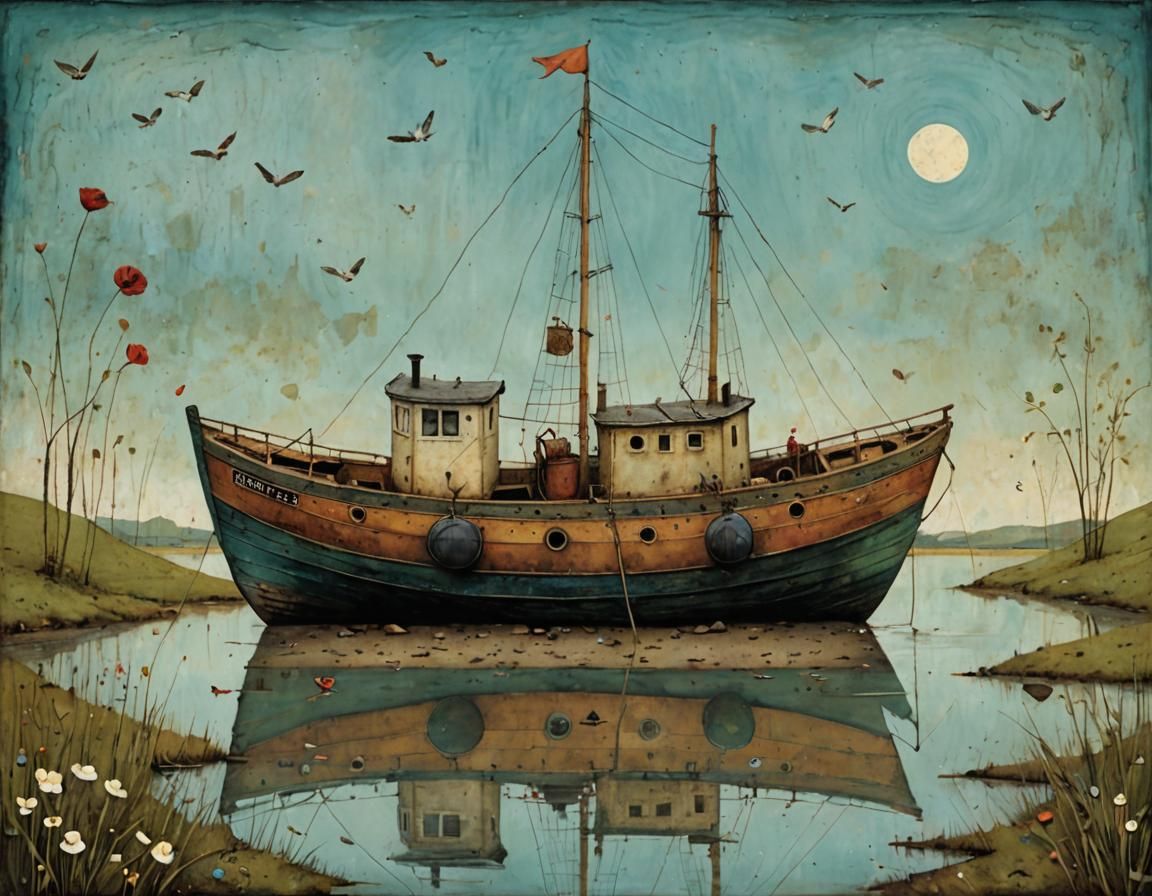 Whimsical Shoe Boat on Pond Illustration