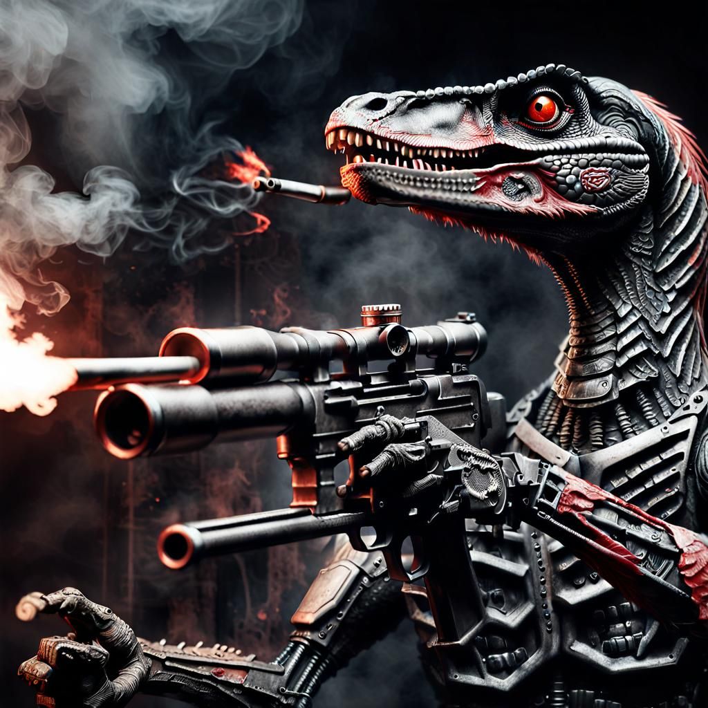 Velociraptor Hit Squad: Hyperrealistic Heavy Metal Artwork