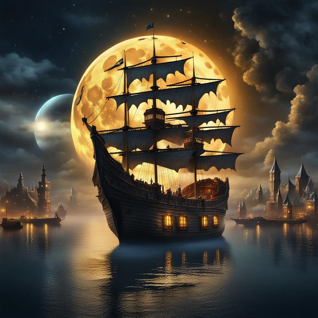 Renaissance Ship Sails to Fantasy City at Night