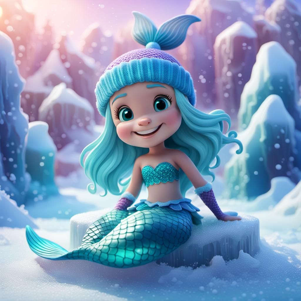 Smiling Mermaid on Ice in Vibrant 3D Render