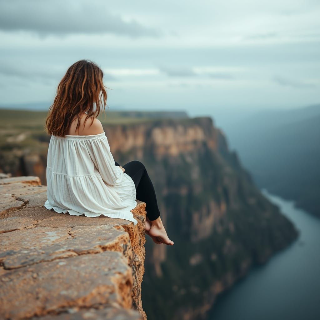 Melancholic Woman on Cliff Edge Contemplates Solitude