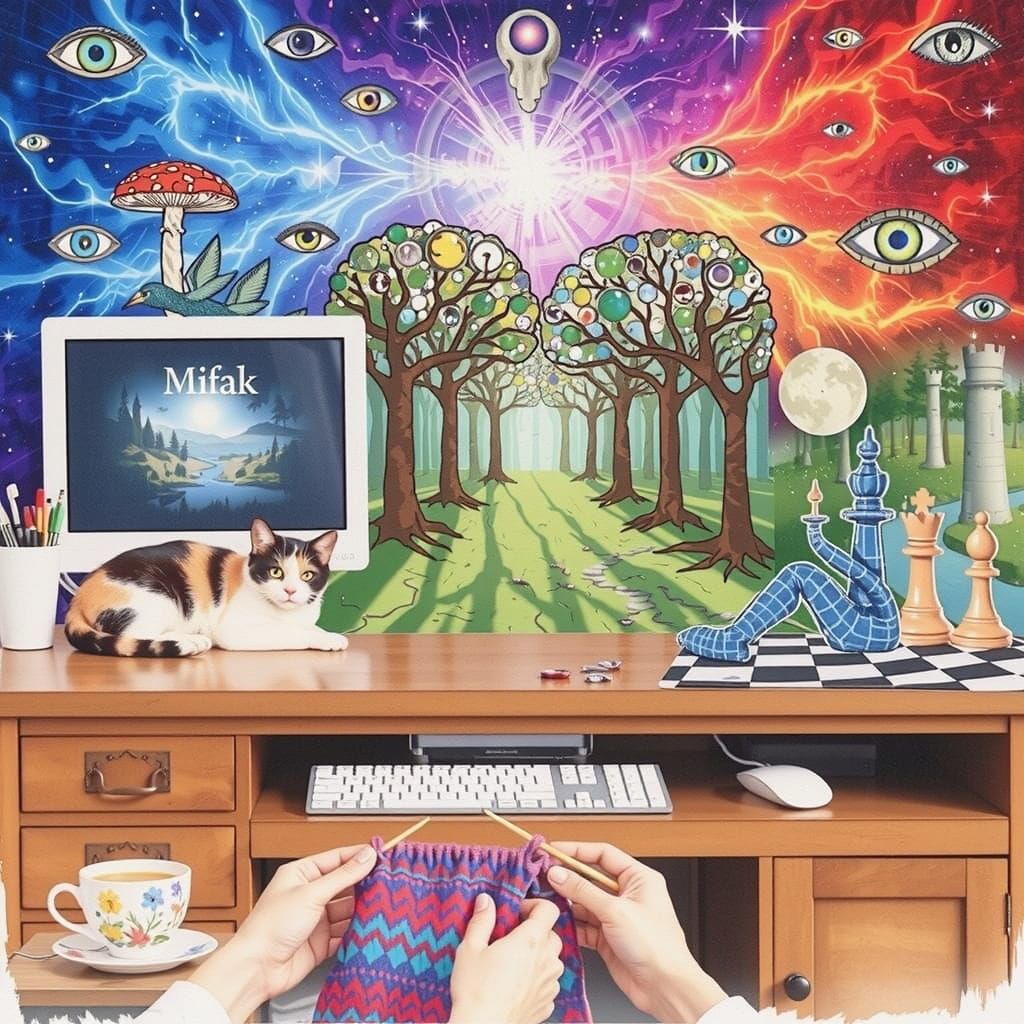 Calico Cat on Desk with Surreal Forest Glade Art