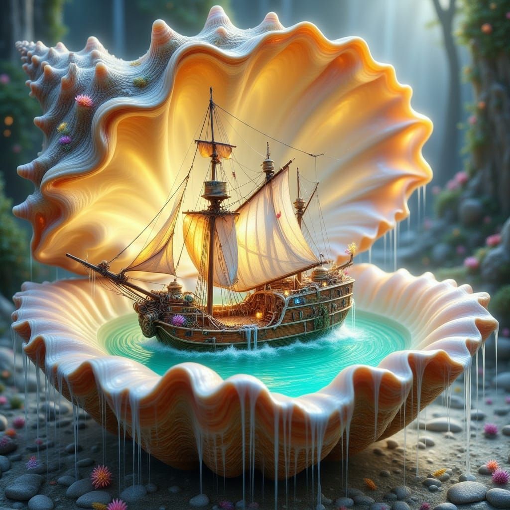 Miniature Sailing Ship Navigates Seashell Fantasy Landscape