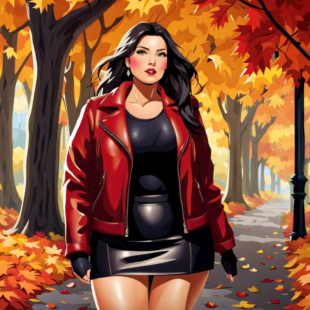 Autumn Woman in Leather, Watercolor Painting