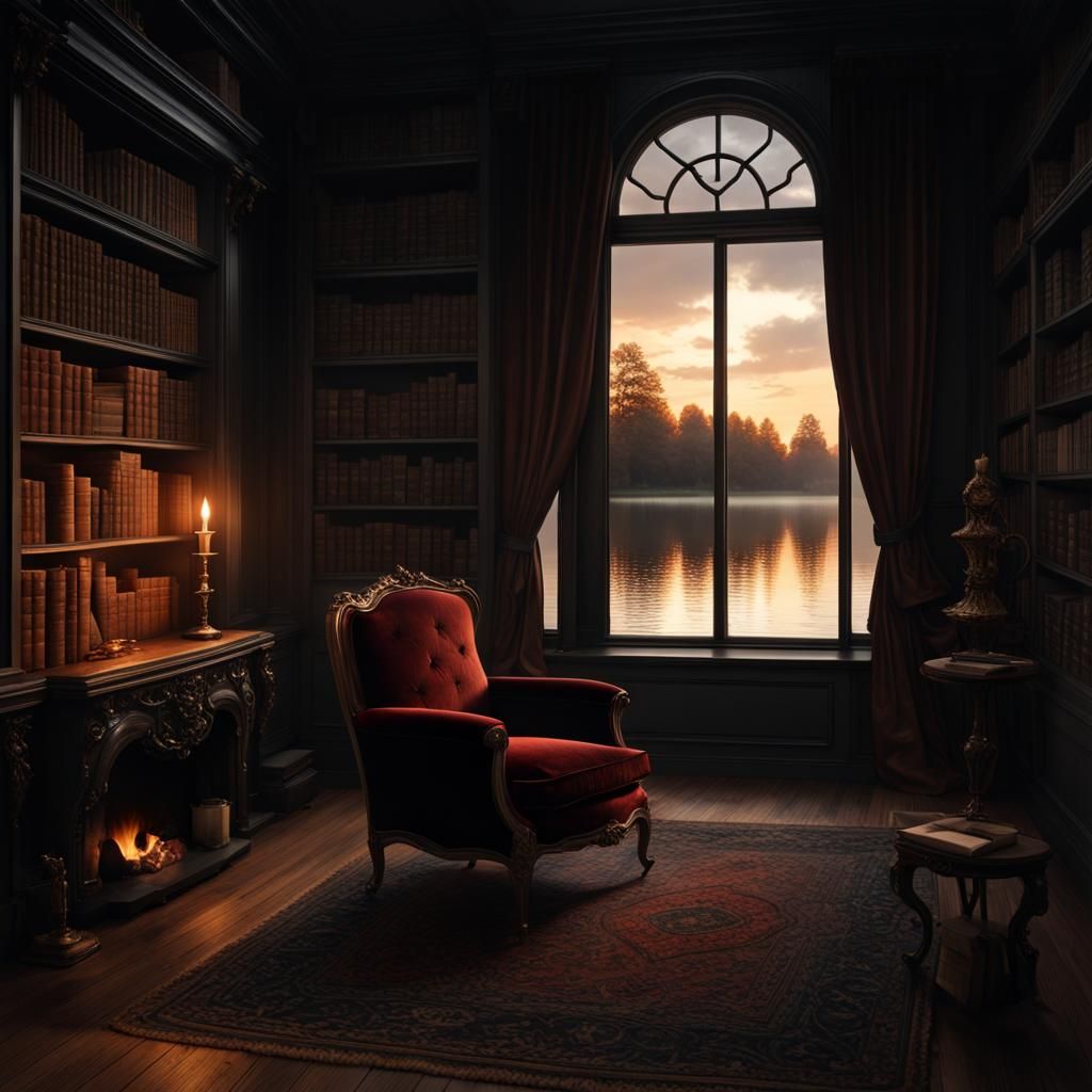 Dark Academia Living Room with Lake View
