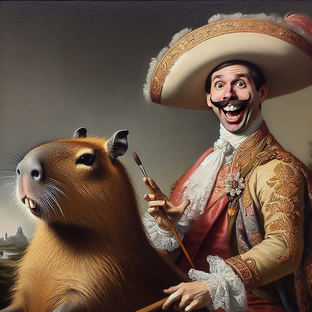 Humorous Mexican Aristocrat on Capybara, Oil Painting