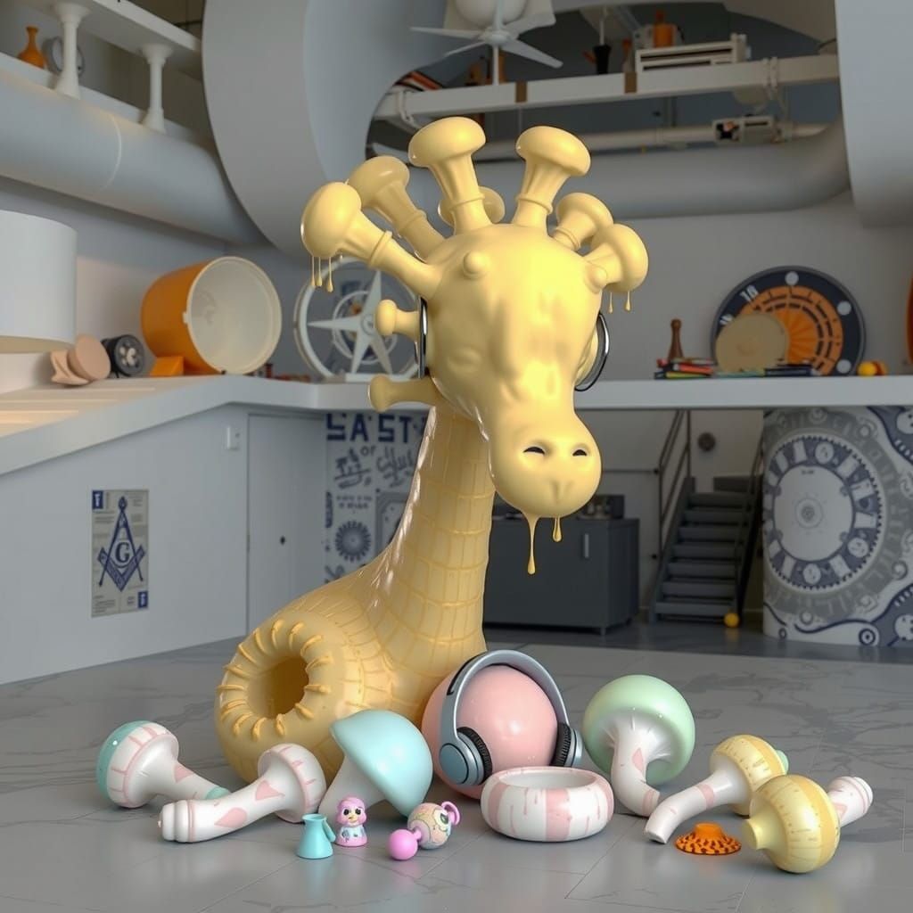 Bureaucratic Fungi Metropolis in Whimsical Linocut