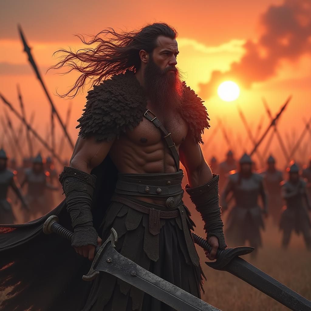 Battle-Hardened Warrior in Setting Sun Landscape