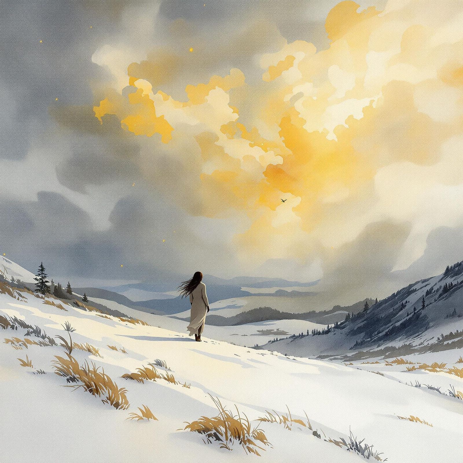 Aasimar Goddess in Winter Landscape Watercolor