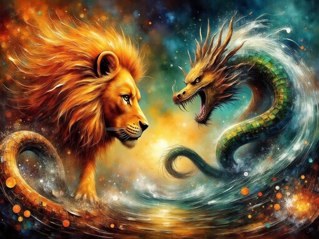 Surreal Oil Painting: Fiery Lion vs. Dragon Wave