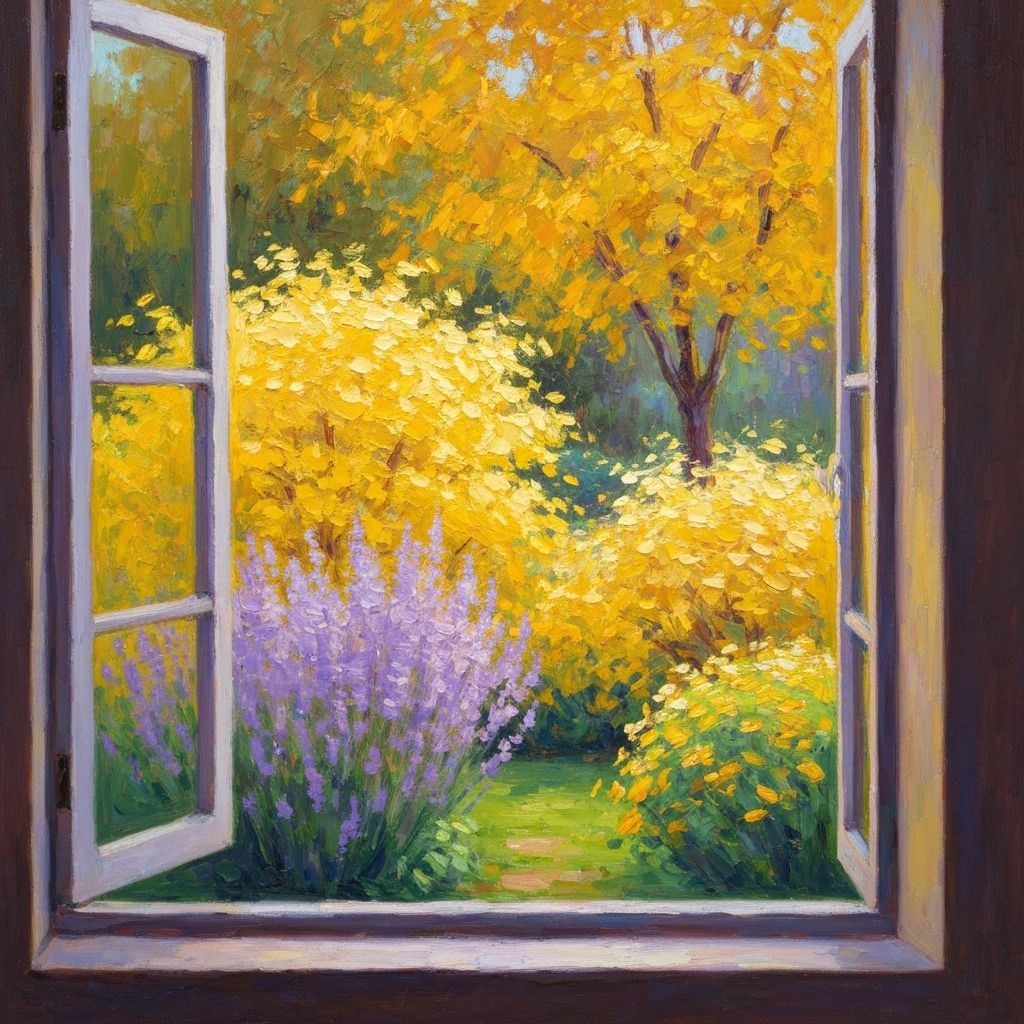 Golden Lavender Garden Through Window in Impressionist Style