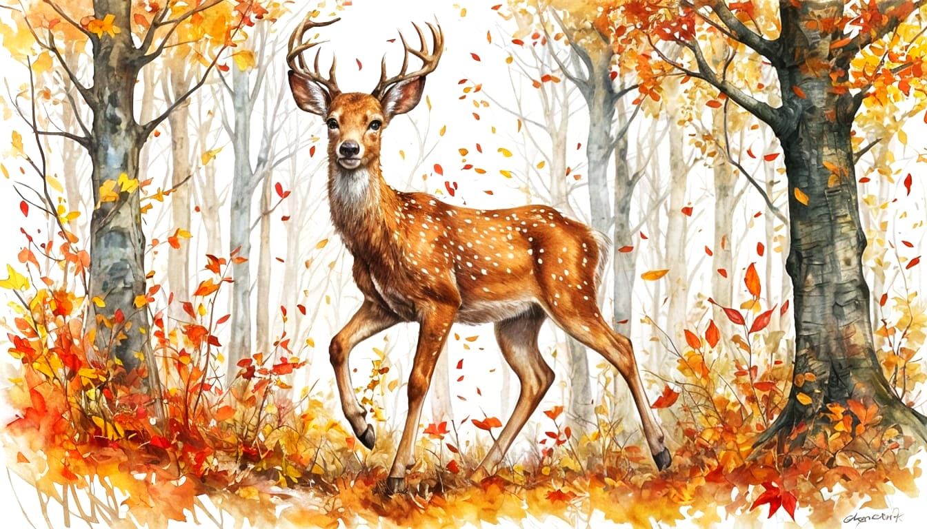 Joyful Deer Fawn Leaping Through Autumn Forest